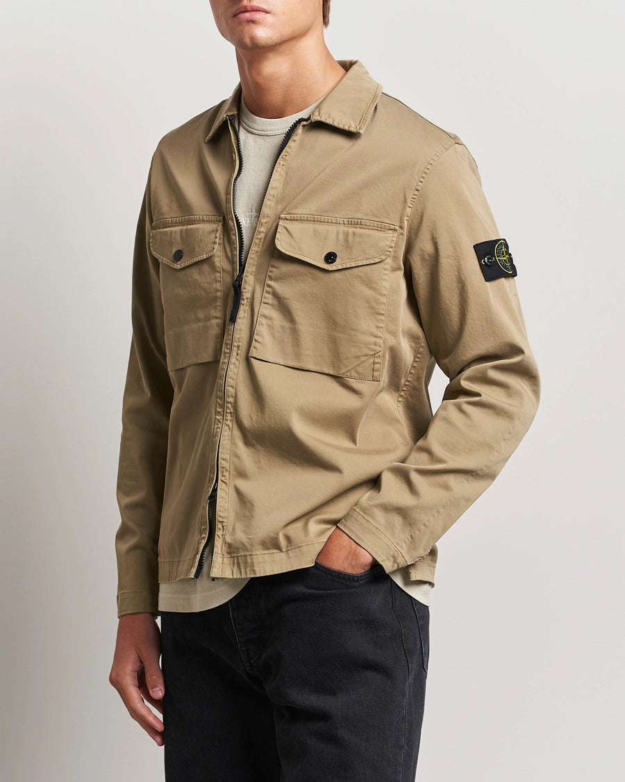 Stone Island Garment Dyed Cotton Zip Overshirt Biscuit